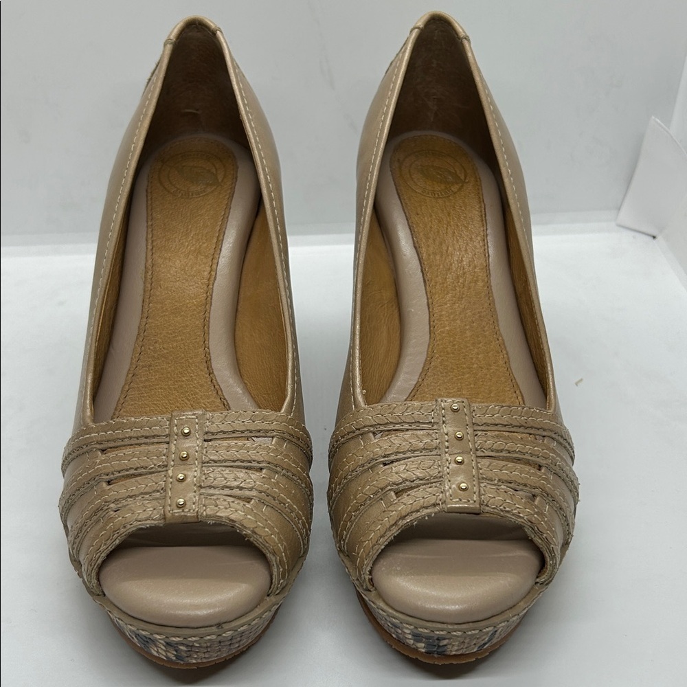 Nurture Women's Shoes Tan Leather Carmen Peep Toe Wedge Snakeskin Size 8.5 M